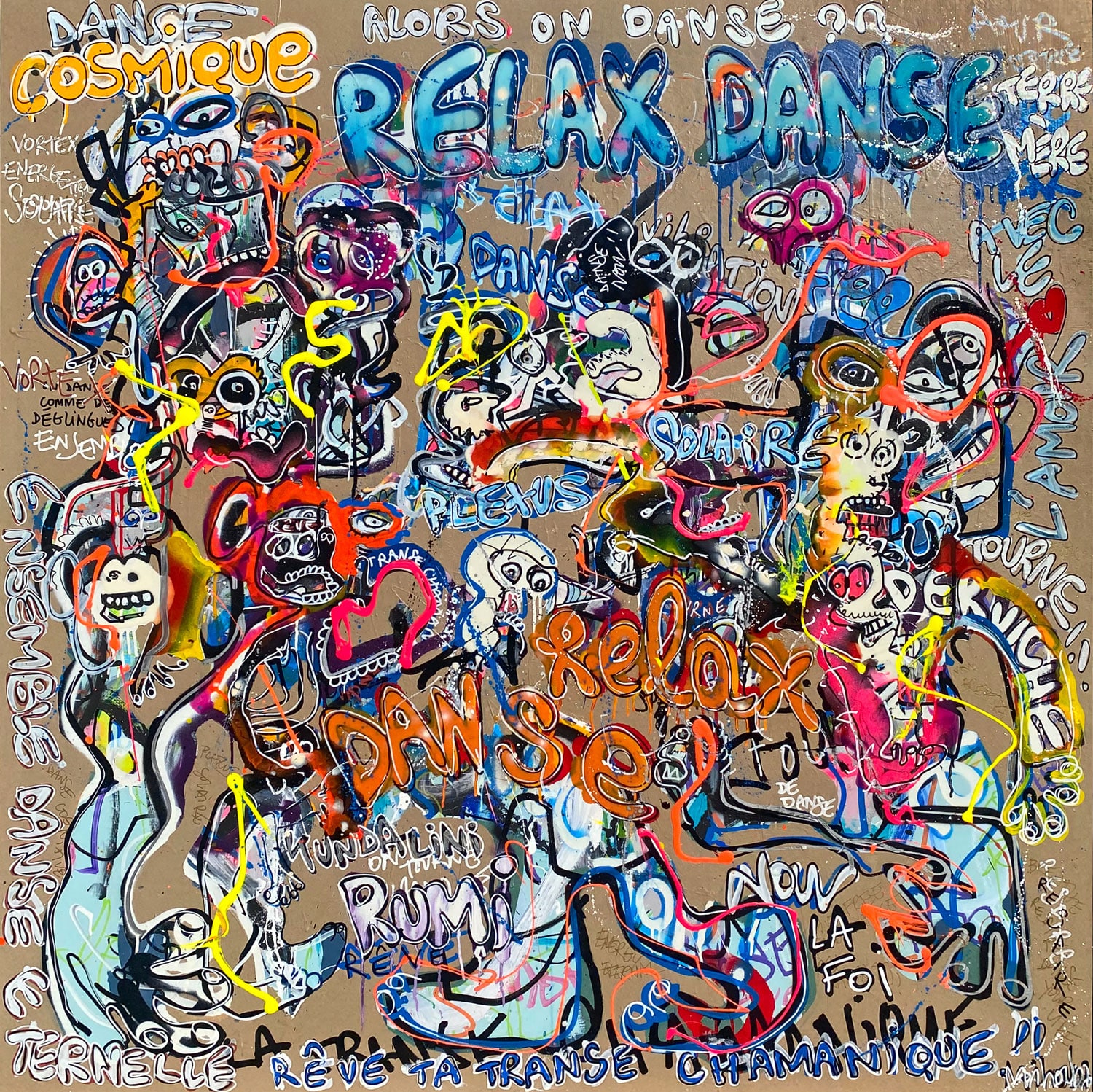 RELAX DANCE 50x150cm 2023 mihoub artiste peintre. Mihoub est un peintre de l'art brut conscient.
